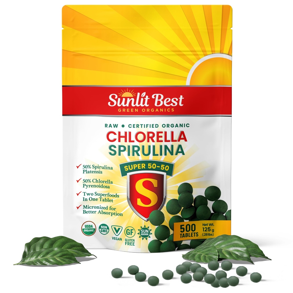 Sunlit Super 50 / 50 Organic Chlorella Spirulina Tablets - Super supplement til immunforsvar, Gut Health, Mood & Energy - Rich in Chlorophyll, Aminosyrer & Vegan Protein, 500 Superfood Tabs