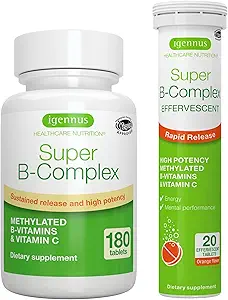 Super B- Complex Bundle, 180 Sustained- Release Tablets & 20 Orange Flavor Effervescent Tabletter til hurtig energi på farten, af Igennus