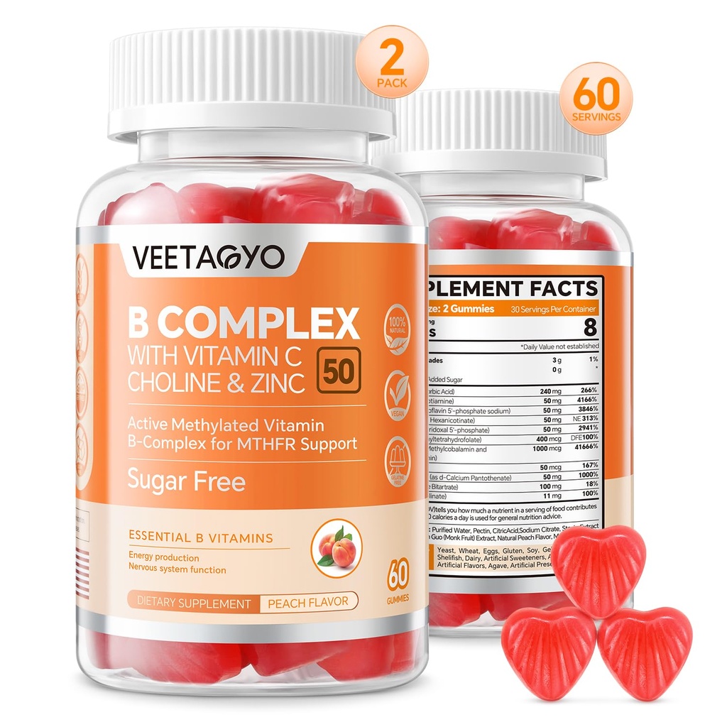 B Complex 50 Gummies, Metyleret B Complex med C-vitamin, Cholin & Zink - Active Metyleret B- Complex for Energy, Metyleret Support - Alle B Vitaminer - B1, B2, B3, B5, B6, B7, B9, B12 - Sukker fri, 120 Tæl
