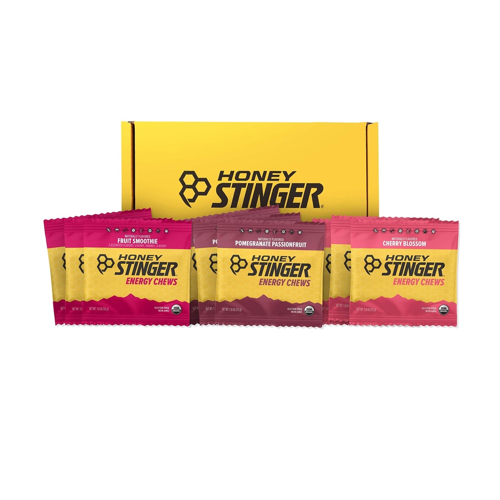 Honning Stinger Organic Energy Chew Variety Pack C124; 3 Pack Hver af Frugt Smoothie, Pomegranat Passionfrugt og Cherry Blossom C124; Gluten Free & Koffein Free C124; Sportsnæring til alle øvelser