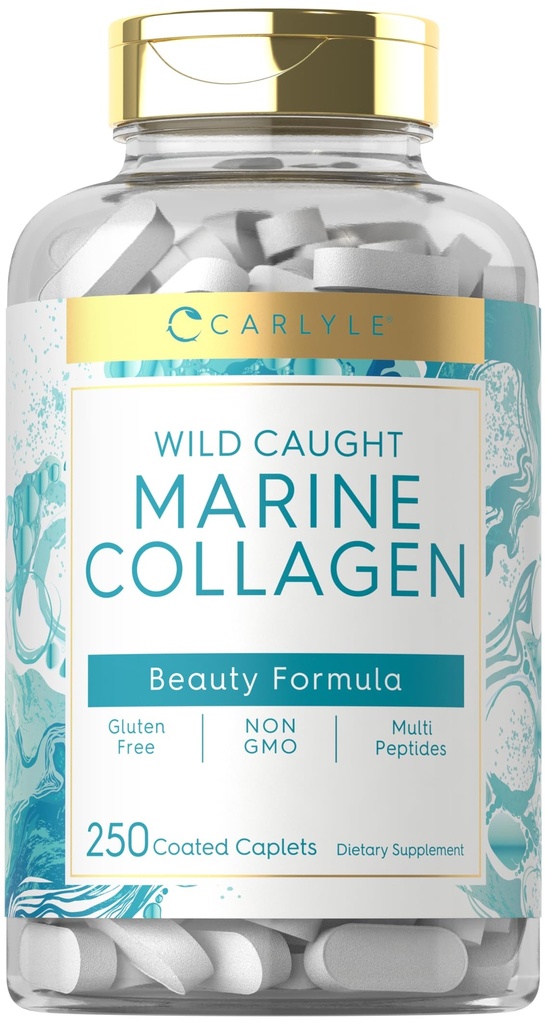 Carlyle Marine Collagen til hår hud og negle; 250 Caplets-124; Peptider til kvinder og mænd; Type I med Calciumstearat 124; Non- GMO & Gluten Free