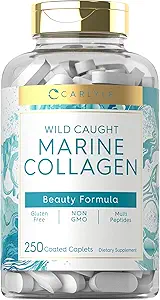 Carlyle Marine Collagen til hår hud og negle; 250 Caplets-124; Peptider til kvinder og mænd; Type I med Calciumstearat 124; Non- GMO & Gluten Free