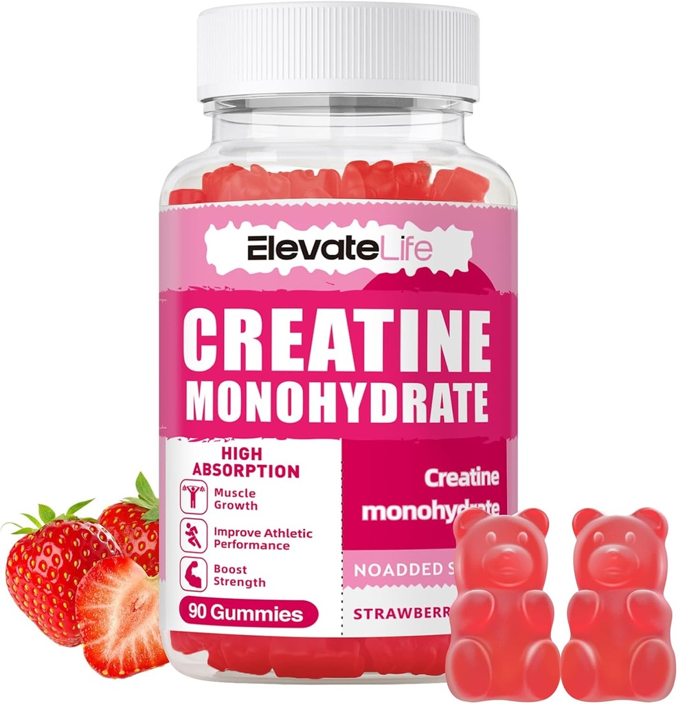 ElevateLife Creatine Monohydrat Gummies 5000mg for mænd og kvinder, Chewables Createine Monohydrat for muskel styrke, muskel builder, energi Boost, præ-workout supplement (90 Greve) -Jordbær