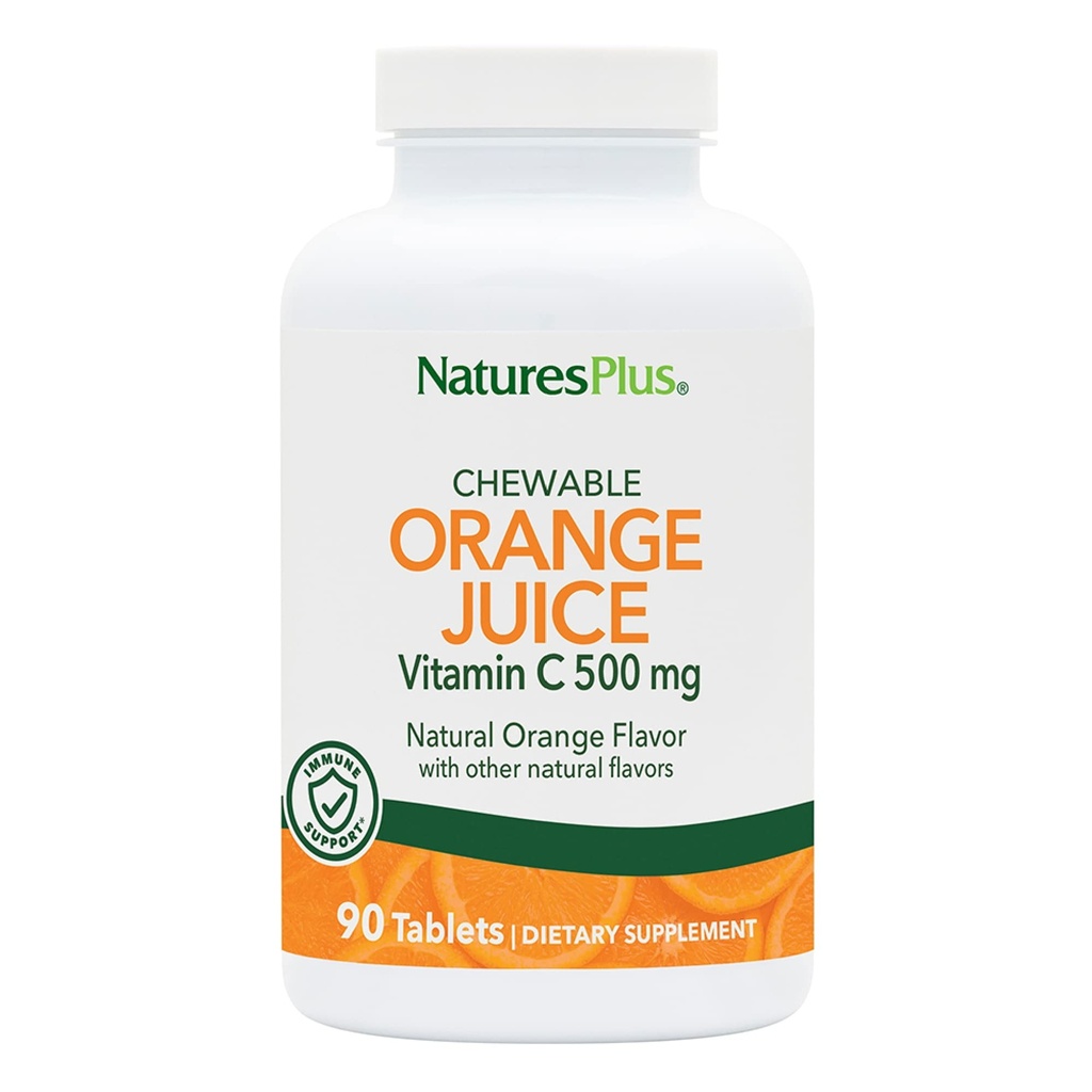 Natures Plus Orange Juice Chewable C-vitamin - 500 mg, 90 tabletter - høj potens immunforsvar og vaskulær sundhed Support, Antioxidant - blid på maven - Vegetar, Gluten- Free - 90 Serveringer