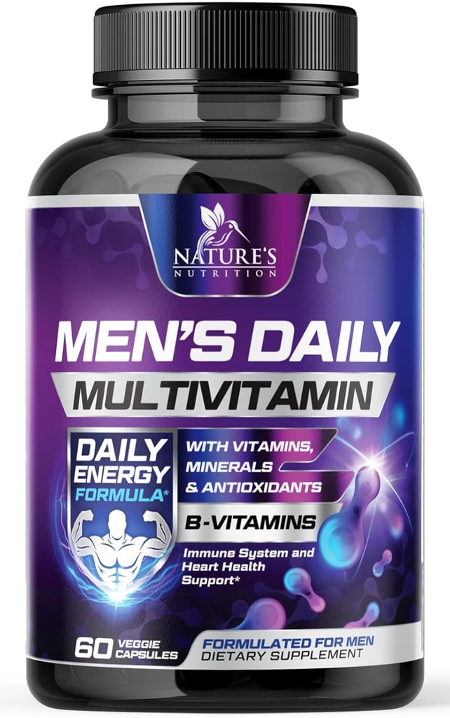 Multivitamin til mænd - Vitamin A, C, D, E, Zink, Calcium, Multivitaminer til immunforsvar support, Vitamin B12, Mænds daglige multivitamin supplement kapsler, Non- GMO Herre Multi Vitamin - 60 kapsler