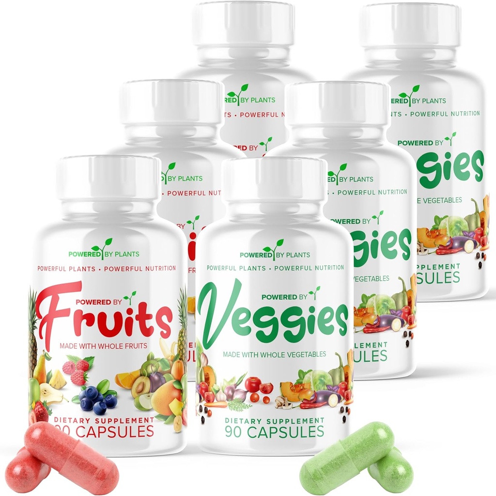 Frugt & grøntsager kapsler - Natural Superfood pakket med vitaminer og mineraler - Frugt og grøntsager kosttilskud til voksne pakke med 6, 90 kapsler hver