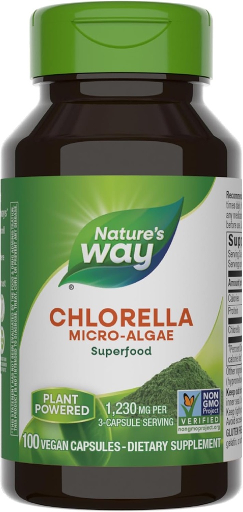 Nature 's Way Chlorella Micro- Alger, Superfood, Understøtter Antioxidant Pathways *, 1,230 mg pr. 3 - Capsule Serving, Vegan, Non- GMO Project Verified, 100 kapsler (Packaging May Vary)