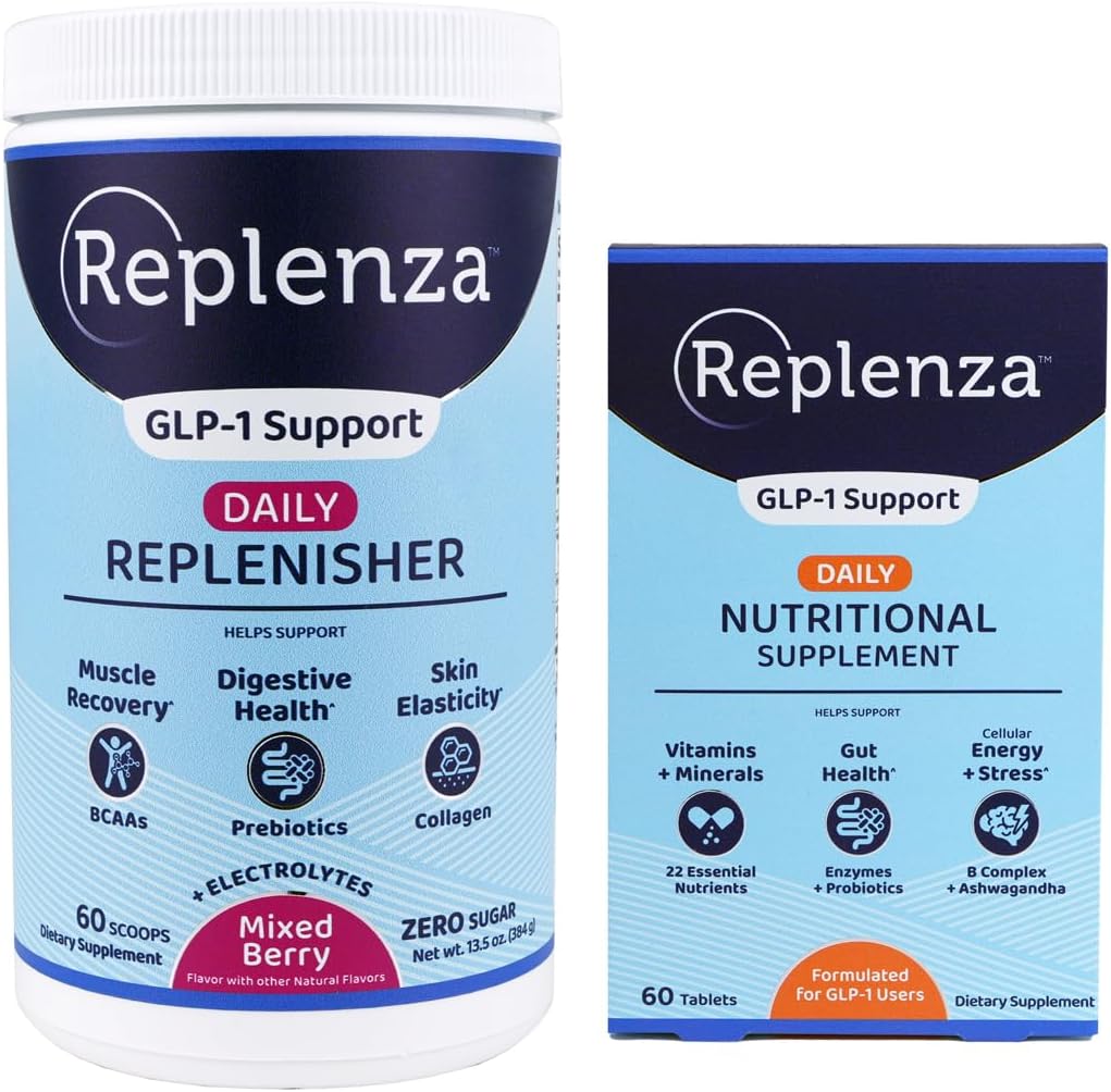 Replenza Daily GLP-1 Nutritional Support Bundle - Essential Vitamin & Minerals for Gut Health (60 tabletter) + Daily Replenisher Powder med Aminosyrer, Prebiotika & Collagen (Berry, 60 Scoops)