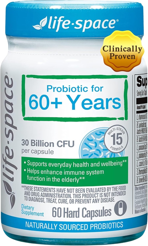 Life- Space Probiotic for 60 + År, Understøtter Intestinal Immunitet og sundhed, Gastrointestinal Vitality, Bifidobacterium lactis, 30 Billion CFU, Multi Sprains - 60 Kapsler