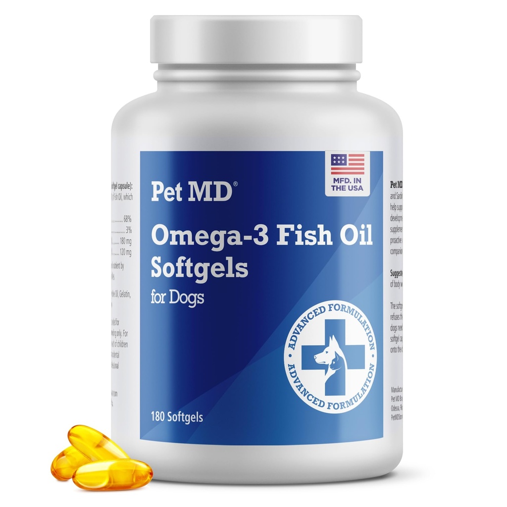 Pet MD - Omega 3 Fish Oil Supplement til hunde - Hud og Coat Support til hunde - 180 Softgels