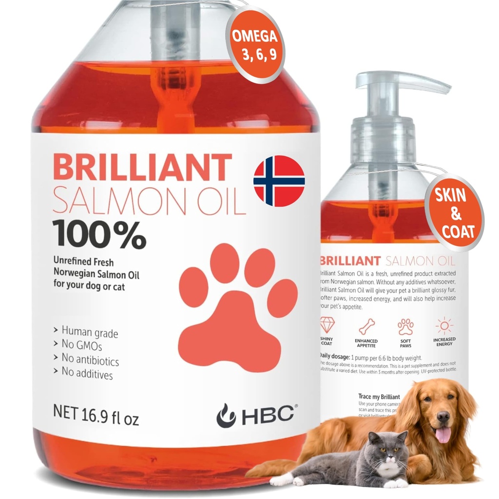 Lakseolie til hunde - Sund hud & Coat, Alle naturlige norske fisk olie kosttilskud til kæledyr, Omega 3 EPA DHA, Ideel til smøring, Allergi, Kløe, tørre hud, Fælles & ben sundhed - 16.9 Oz