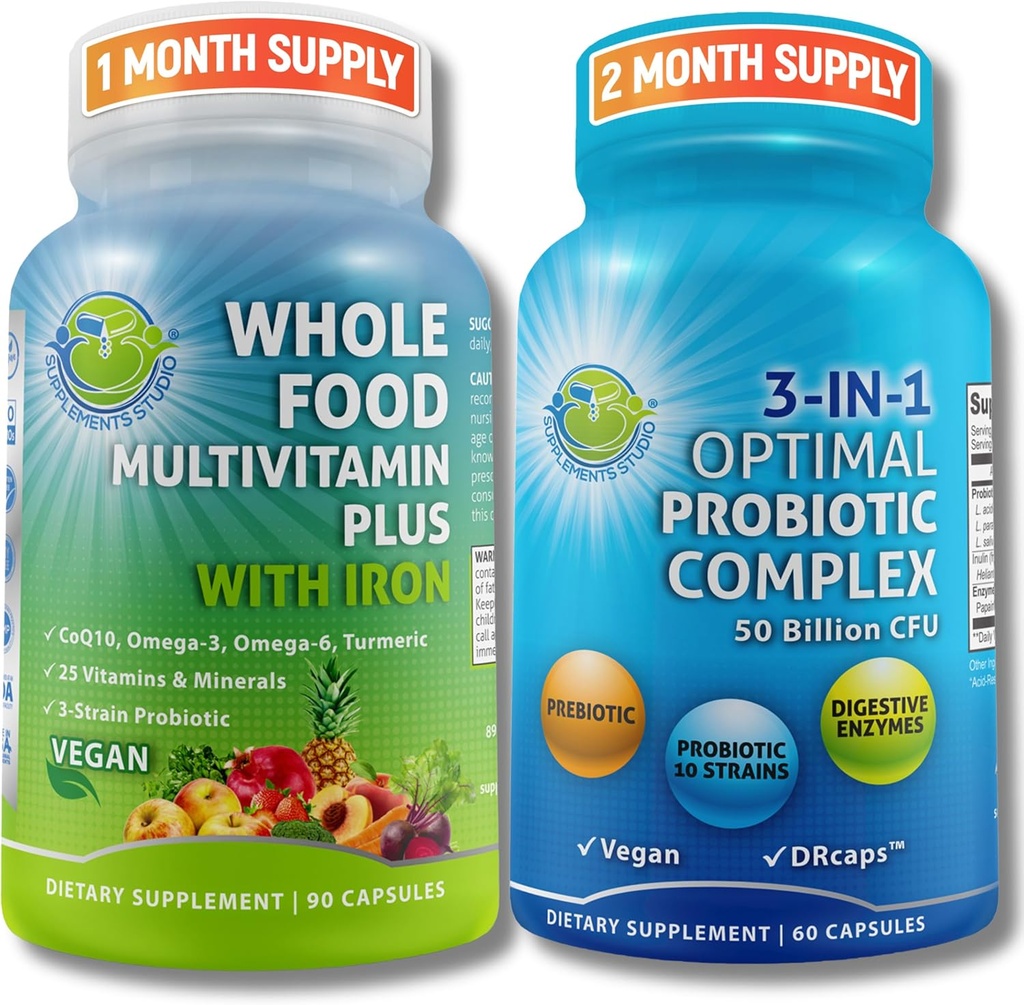Gut & immun sundhed bundle - 3-in-1 Probiotisk (50 Millioner CFU, 10 stammer) med fordøjelsesenzymer & Prebiotika & Vegansk hel mad Multivitamin med jern beriget med frugt & grøntsager - Vegan, ikke-GMO