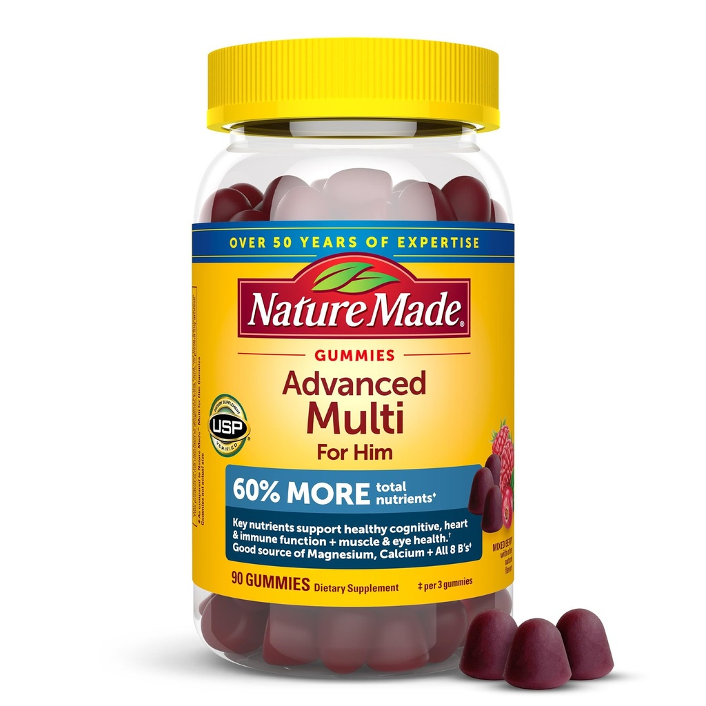 Nature Lavet avancerede Multivitamin Gummies til ham med Magnesium Citrate, Calcium & alle 8 B vitaminer, Multivitamin til mænd, 90 Gummies, 30 dages forsyning