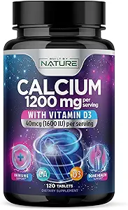 Calcium 1200mg med D3- vitamin til bedste absorption - avanceret benstøttetilskud, 1200 mg calciumcarbonat & 1600 IE D3- vitamin, langsom frigivelse til immunforsvar, let at synke, 120 tabletter