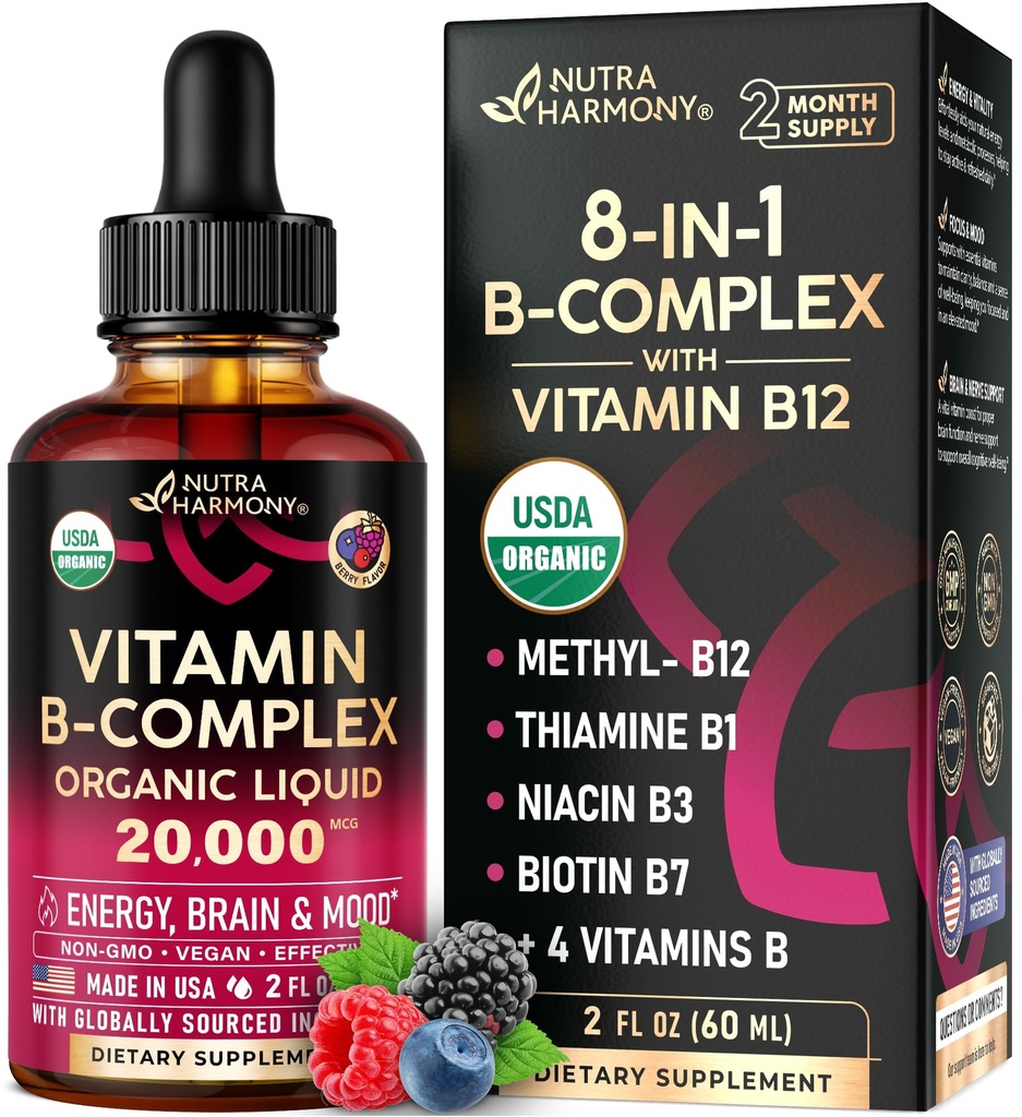 USDA Organic Vitamin B- Complex B5 Pantothenic Acid MSD 124; B12 Methylcobalamin MSD 124; B1 Thiamin MSD 124; B6 Pyridoxin MSD 124; B7 Biotin MSD 124; B9 Folic MSD 124; B3 Niacinamid - B Complex Liquid Drops, Lavet i USA Supplement, 2fl oz