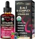 USDA Organic Vitamin B- Complex B5 Pantothenic Acid MSD 124; B12 Methylcobalamin MSD 124; B1 Thiamin MSD 124; B6 Pyridoxin MSD 124; B7 Biotin MSD 124; B9 Folic MSD 124; B3 Niacinamid - B Complex Liquid Drops, Lavet i USA Supplement, 2fl oz