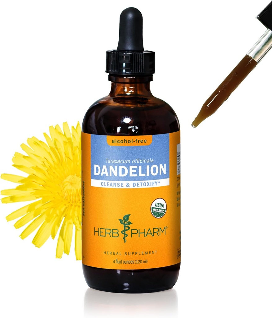 Herb Pharm Certified Organic Dandelion Liquid Extract til rensning og afgiftning, Alkoholfri Glycerit, 4 Ounce