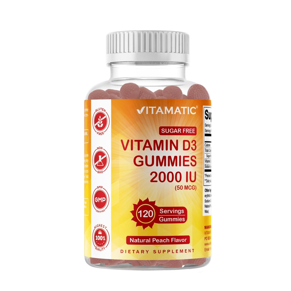 Vitamatisk sukker fri vitamin D3 2000 IE - 120 Pectin baserede gummier - Great Sunde Bones, Mood & Immunsystemet funktion - Non- GMO - 120 Servere