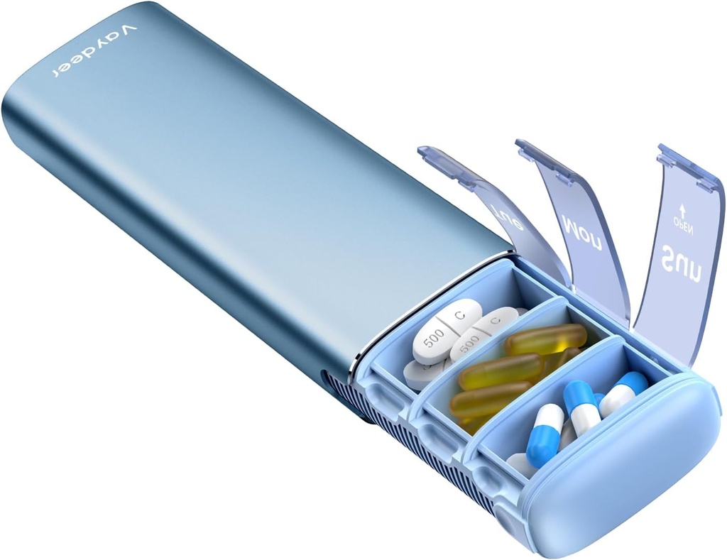 Vayråt Metal Travel Pill Organizer, 7 dages ugentlig Pill Box, Stor kapacitet Daily Cute Pill Case til kosttilskud, piller, vitaminer og medicin (lille, blå)
