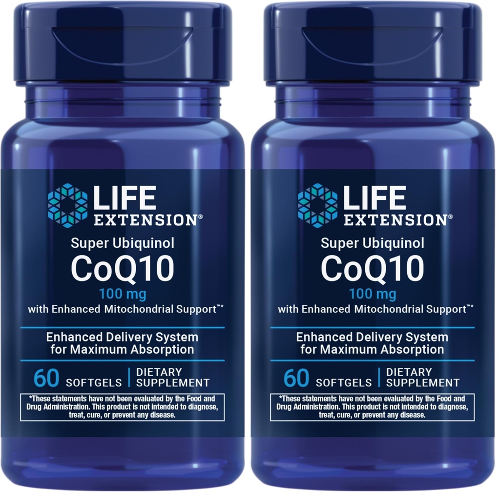 Life Extension Super Ubiquinol CoQ10 med forbedret Mitokondriel Support, Potent Heart Health & Cellular Energy Production Support, Ultra- absorberbar, Gluten- Free, Non- GMO, 100 mg, 60 softgel (Pack of 2)