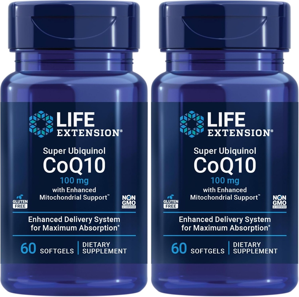 Life Extension Super Ubiquinol CoQ10 med forbedret Mitokondriel Support, ubiquinol CoQ10, shilajit, potent hjerte sundhed & cellulær energi produktion støtte, ultra- absorberbar, gluten- fri, 60 softgel