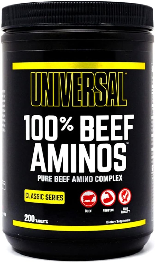 Universal 100% Beef Aminos Tablets against 125; Pure Beef Amino Complex 124; Full Spectrum EAA, BCAA & Protein from Beef Protein Isolate & Pure Desickated Argentine Beef Lever 124; 66 Servering, 200 tabletter