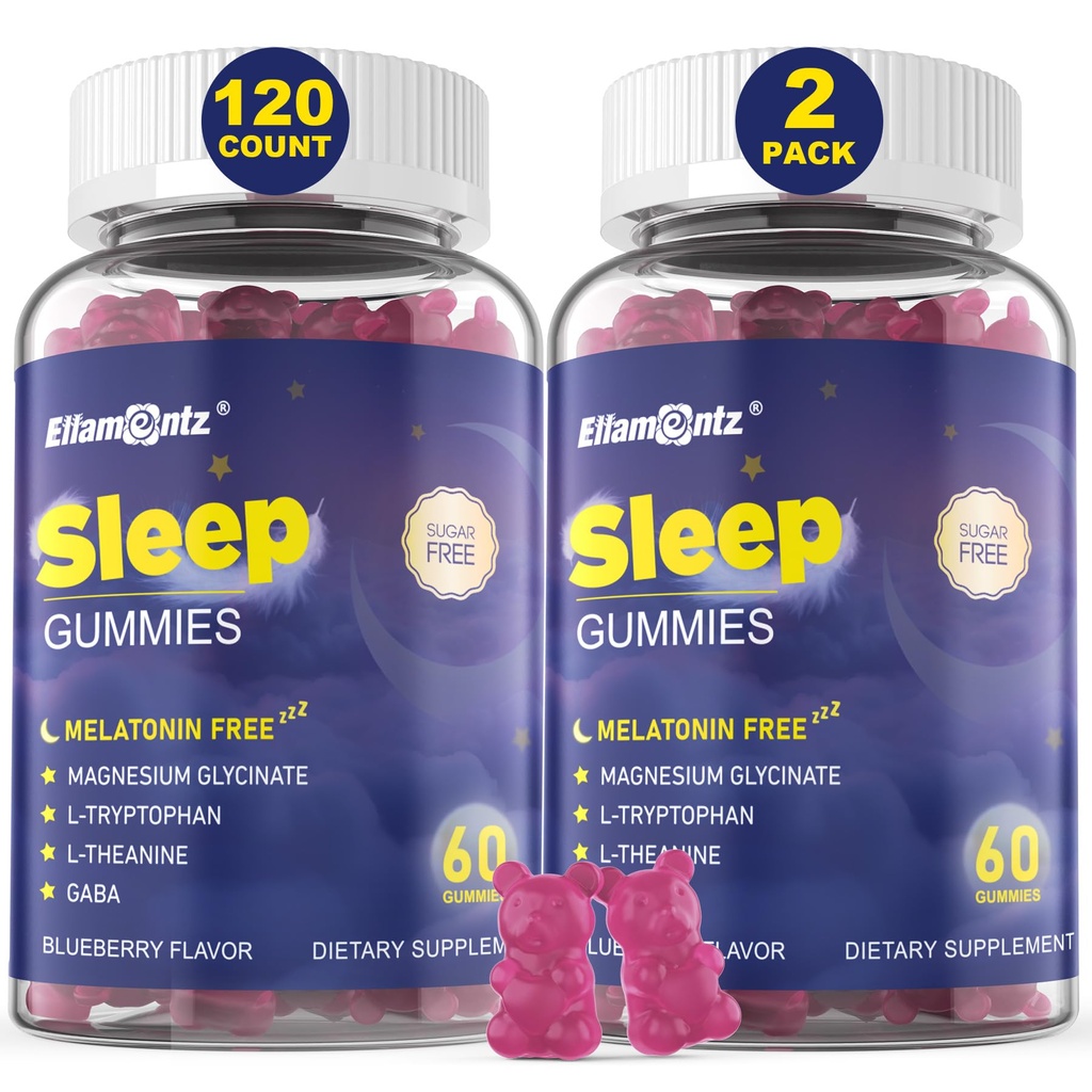 Melatonin Free Sleep Aid Gummier for voksne, Sukker Free Sleeping Gummy No Melatonin, Natural Calm Gummies med Magnesium Glycinat, L- Tryptophan, L- Theanine, GABA, Ashwagandha, Valerian, 120cts