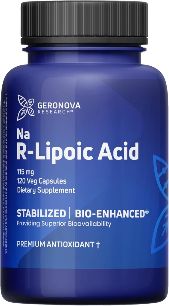 Geronova Research Bio- Enhanced R- Lipoic Acid, 115 mg kapsler - 4 måneders forsyning - Stabiliseret R Alpha Lipoic Acid supplement med forbedret absorption - 120 Tæl