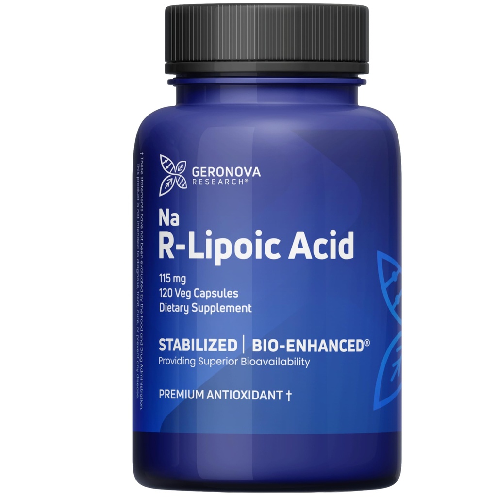 Geronova Research Bio- Enhanced R- Lipoic Acid, 115 mg kapsler - 4 måneders forsyning - Stabiliseret R Alpha Lipoic Acid supplement med forbedret absorption - 120 Tæl