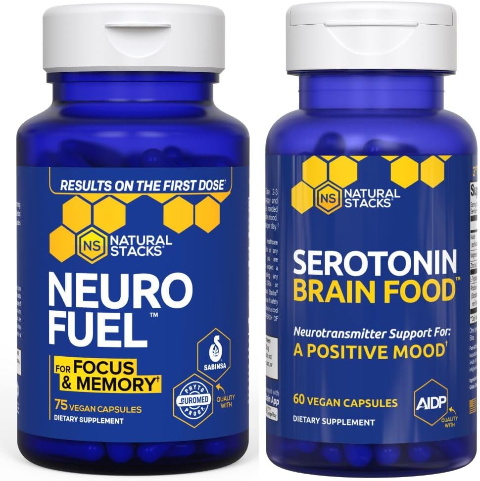 NATURLIGE STAKKER NeuroFuel Nootrop + Serotonin Brain Food Bundle - Understøtter hukommelse, mad og fokus * - 135 Total kapsler