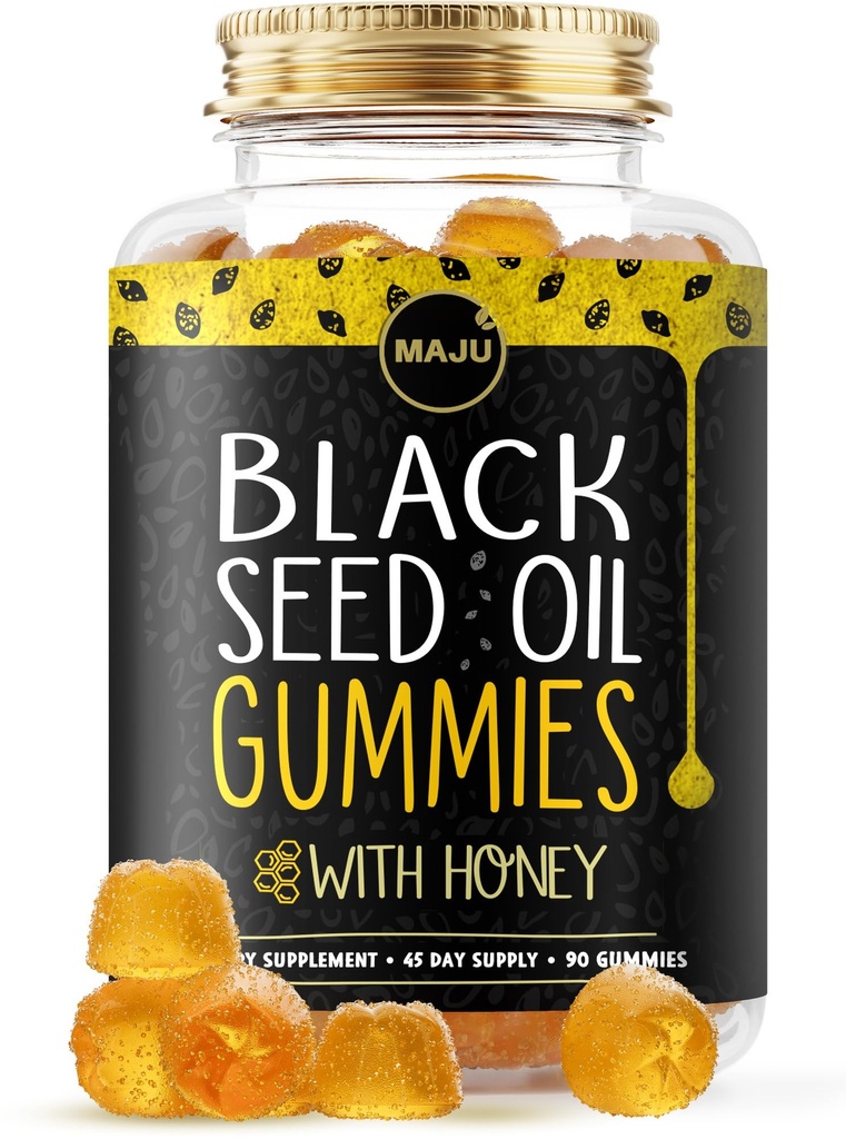 MAJUs Black Seed Oil Gummies med honning 90ct, 500mg BSO Gummy, Black Cumin Seed Nigella Sativa Oil, Cold- presset, Potent Formel, 90ct