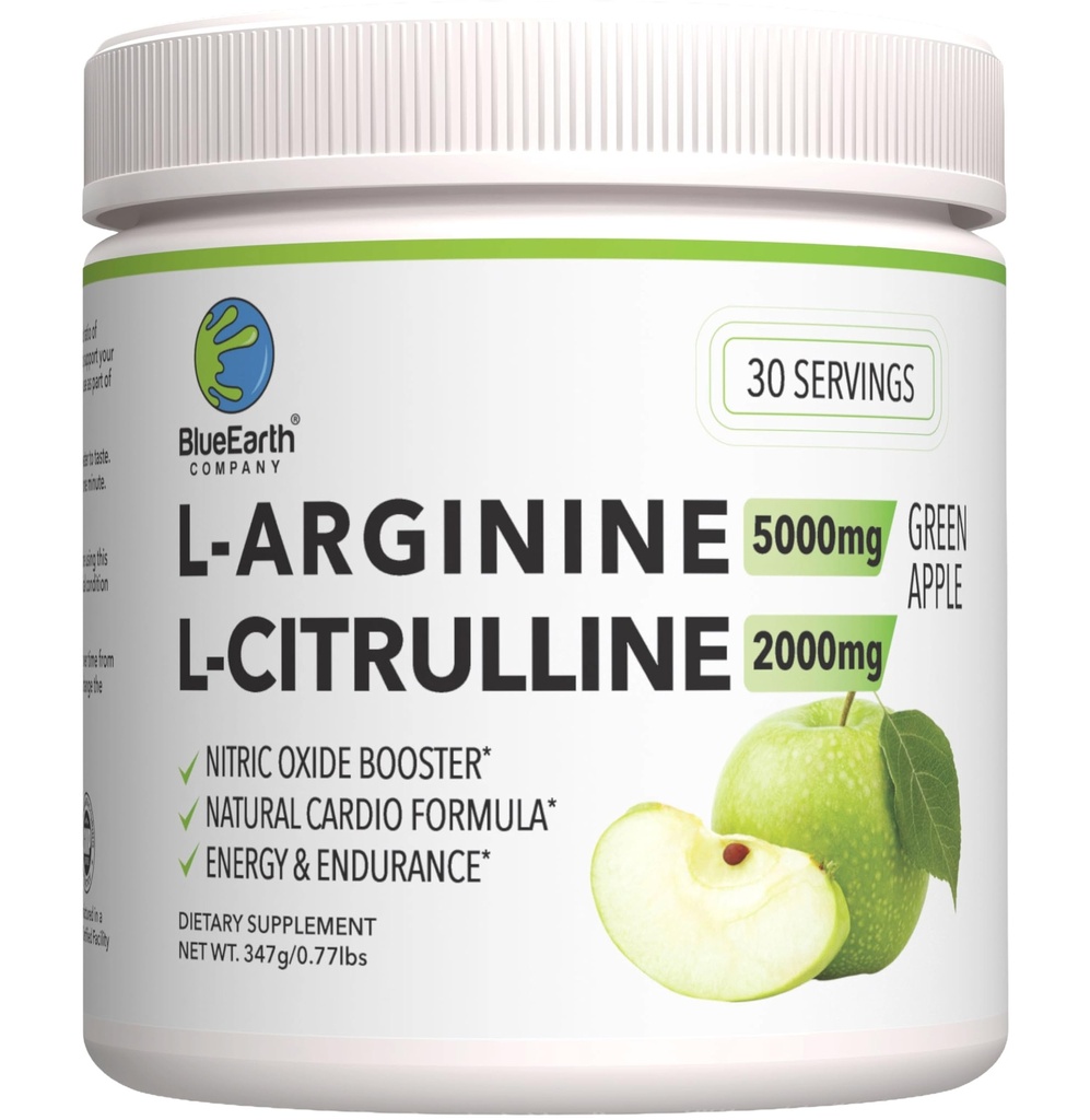 L- Arginin 5000mg + L- Citrullin 2000mg Complex Powder Supplement Drikke Mix - Nitrooxide Booster for Heart Health, Blood Flow & Energy - 30 Servere (Green Apple)