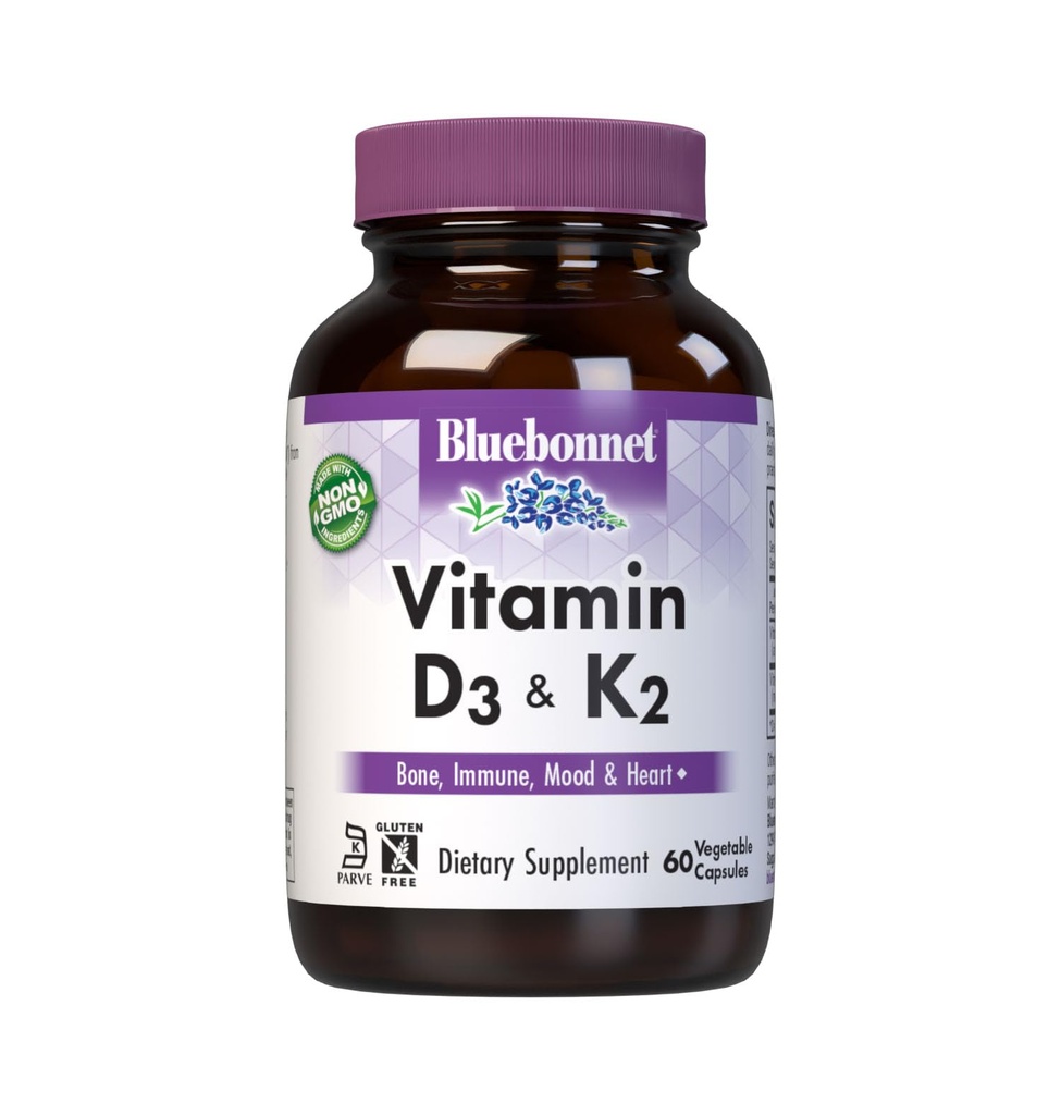 Bluebonnet Nutrition Vitamin D3 & K2, Soy- Free, for Strong-Sunde Bones *, Gluten- Free, Non- GMO, Dairy- Free, Kosher Certified, Vegetar, 60 Vegetabilske kapsler, 60 Servere