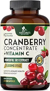 Cranberry Supplement Pills 25,000mg - High Potency C Vitamin C Cranberry for Women & Men, Urinary Tract Health Support, Sugar Free, Gluten Free, Non- GMO, Cranberry Concentrate Extract - 120 Kapsler