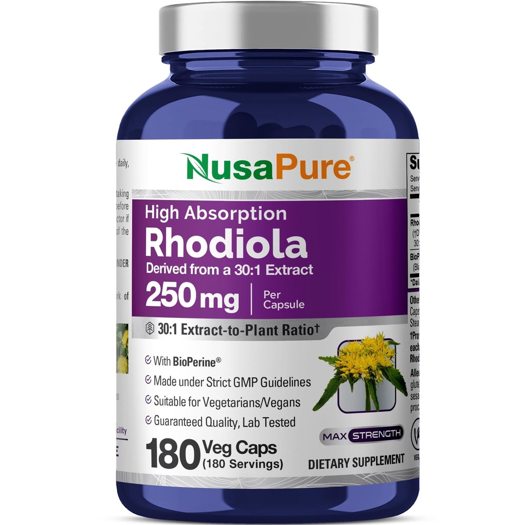 NusaPure Rhodiola Rosea 7,500mg 180 Veggie kapsler (Non- GMO, ekstrakt 30: 1, Vegan & Gluten- Free) Bioperine