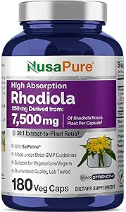 NusaPure Rhodiola Rosea 7,500mg 180 Veggie kapsler (Non- GMO, ekstrakt 30: 1, Vegan & Gluten- Free) Bioperine