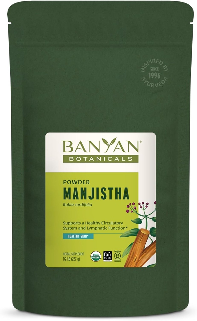 Banyan Botanicals Manjistha Powder - Organic Manjistha Supplement - Ayurvedic Blood Cleanse & Lympletic System Support * - ½ lb. - Ikke-GMO bæredygtigt sour Certified Fair for Life Fair Trade