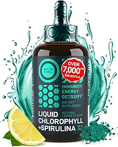 Liquid Chlorophyll Drops with Spirulina for Water - Full Strength Energy, Wellness, Immune Support Supplement - 50mg Chlorophyll Liquid, 12.5mg Spirulina - Lemon Flavor Detox Drink - 2oz, 118 Servings