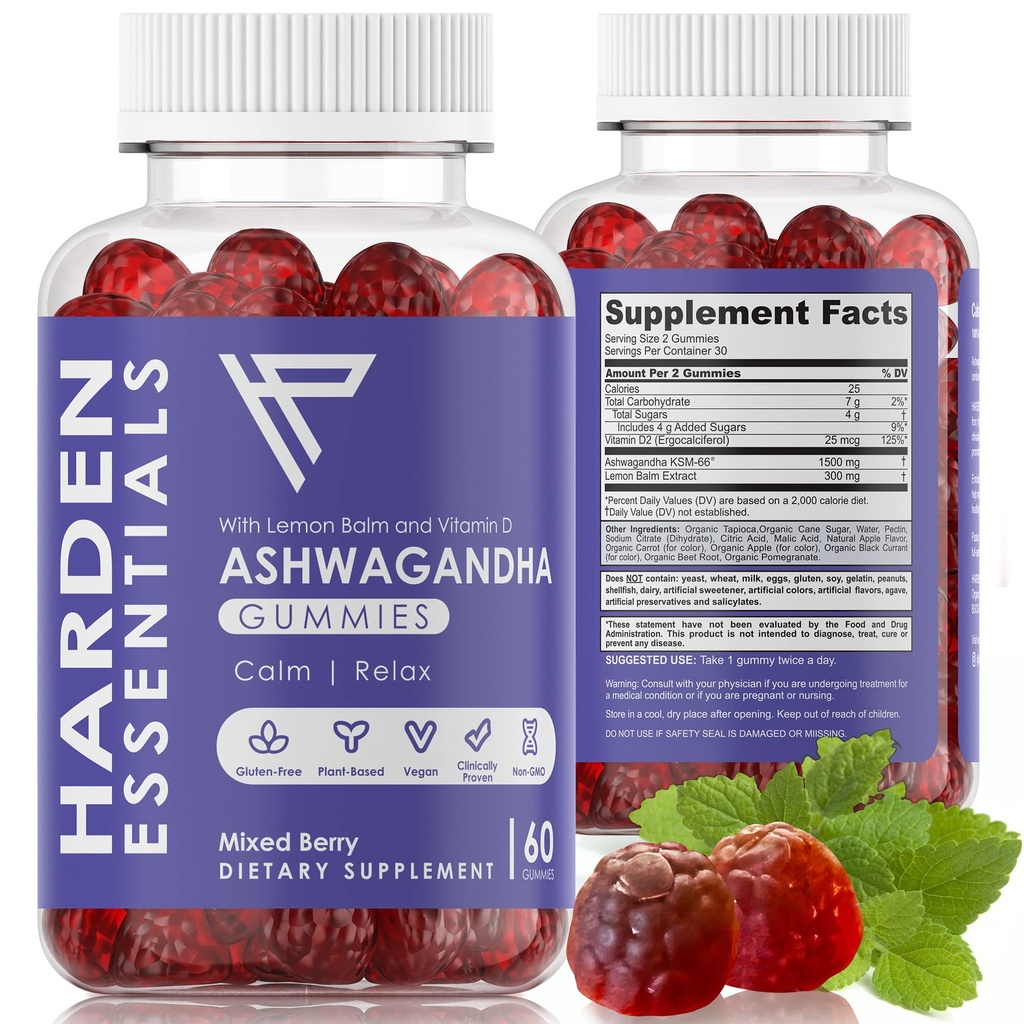 KSM- 66 Ashwagandha Gummies w / Lemon Balm & Vitamin D (Max Strength 750mg per Gummy) - Herbal Vegan & Gluten Free - Calm Mood Afslapning - Support Stress - Gummies for Voksne Børn Mænd (60 Greve)