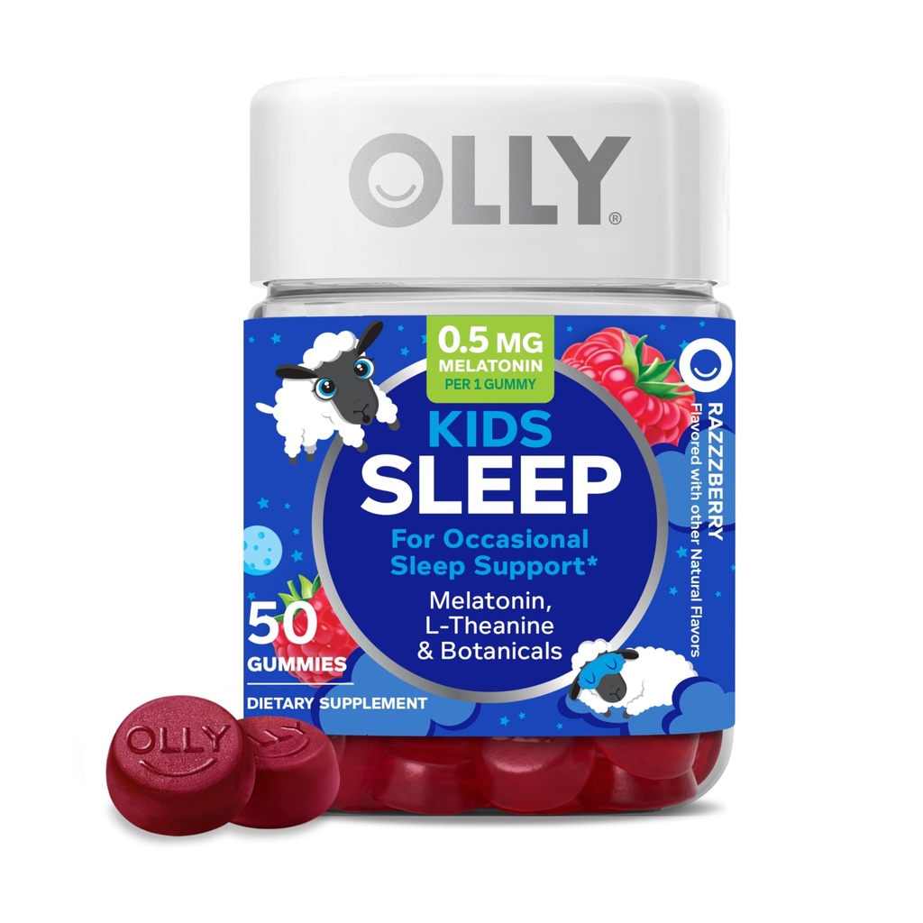 OLLY Kids Sleep Gummy, Lejlighedsvis Sleep Support, * 0, 5 mg Melatonin, L- Theanine, Raspberry Flavored, 50 eller 25 dages forsyning - 50 Greve