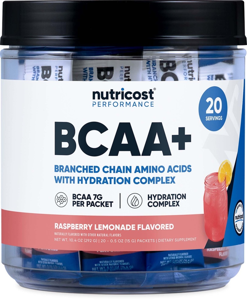 Nutricost BCAA + Hydration Raspberry Lemonade (20 Stickpacks) - Forgrenet kæde Aminosyrer med Hydration Complex - Gluten- Free, Non- GMO