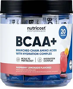 Nutricost BCAA + Hydration Raspberry Lemonade (20 Stickpacks) - Forgrenet kæde Aminosyrer med Hydration Complex - Gluten- Free, Non- GMO