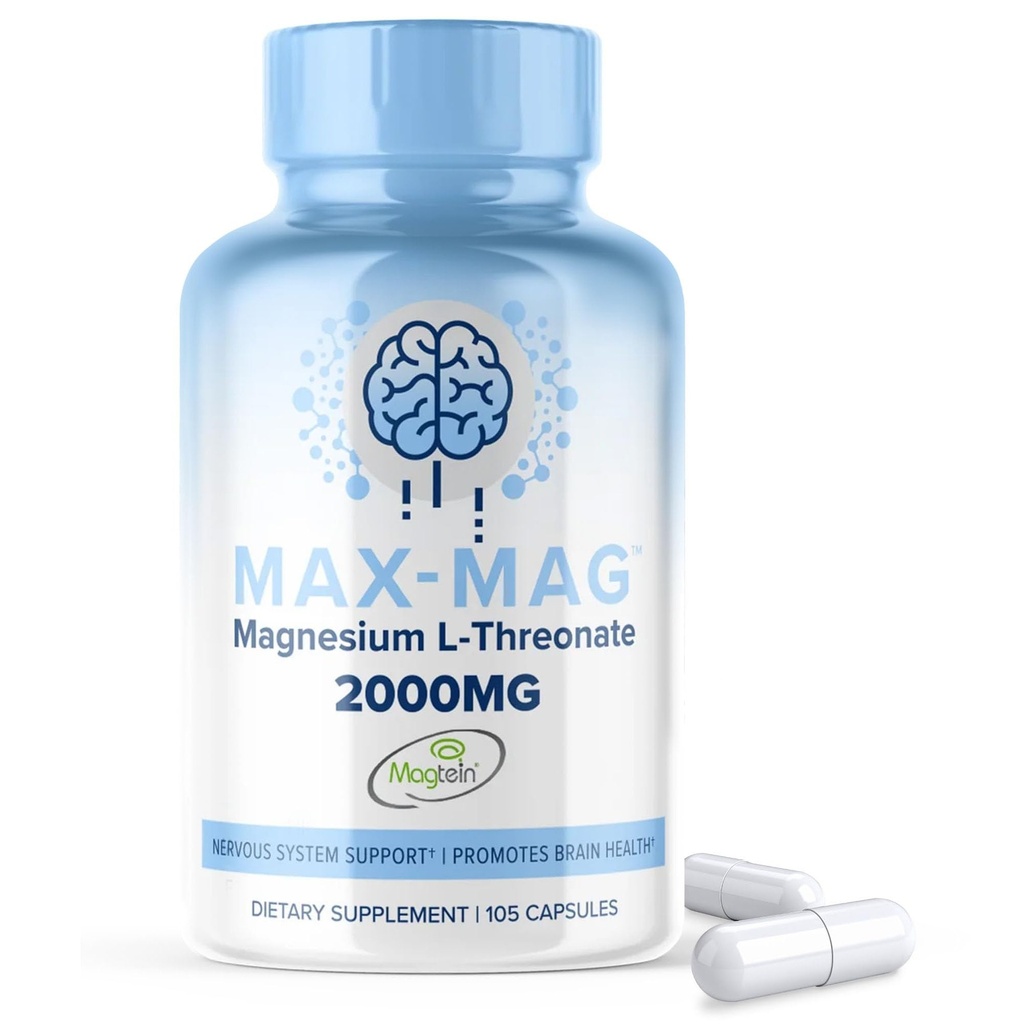 Max-Mag 2000mg Magnesium L Threonate Supplement - 105 Capsules Made in USA, Magtein Magnesium Threonate Supplement with Vitamin D3 & K2 for Sleep, Mood & Brain Function, Nutrition by MaxLife Naturals