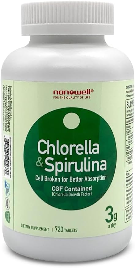 NANOWELL Chlorella & Spirulina 720 tabletter - Chlorella, Spirulina, Antioxidanter, Vitaminer, Rig i proteiner, brudt cellevæg (720 Greve)