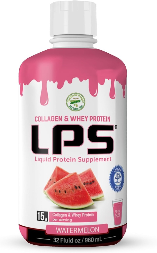 LPS Liquid Collagen & Whey Protein Supplement - Sugar-Free, Dye-Free, Non-GMO Drink - Hydrolyzed Collagen & Whey Peptides Promotes Healthy Skin & Hair for Men & Women, Watermelon, 32 fl oz