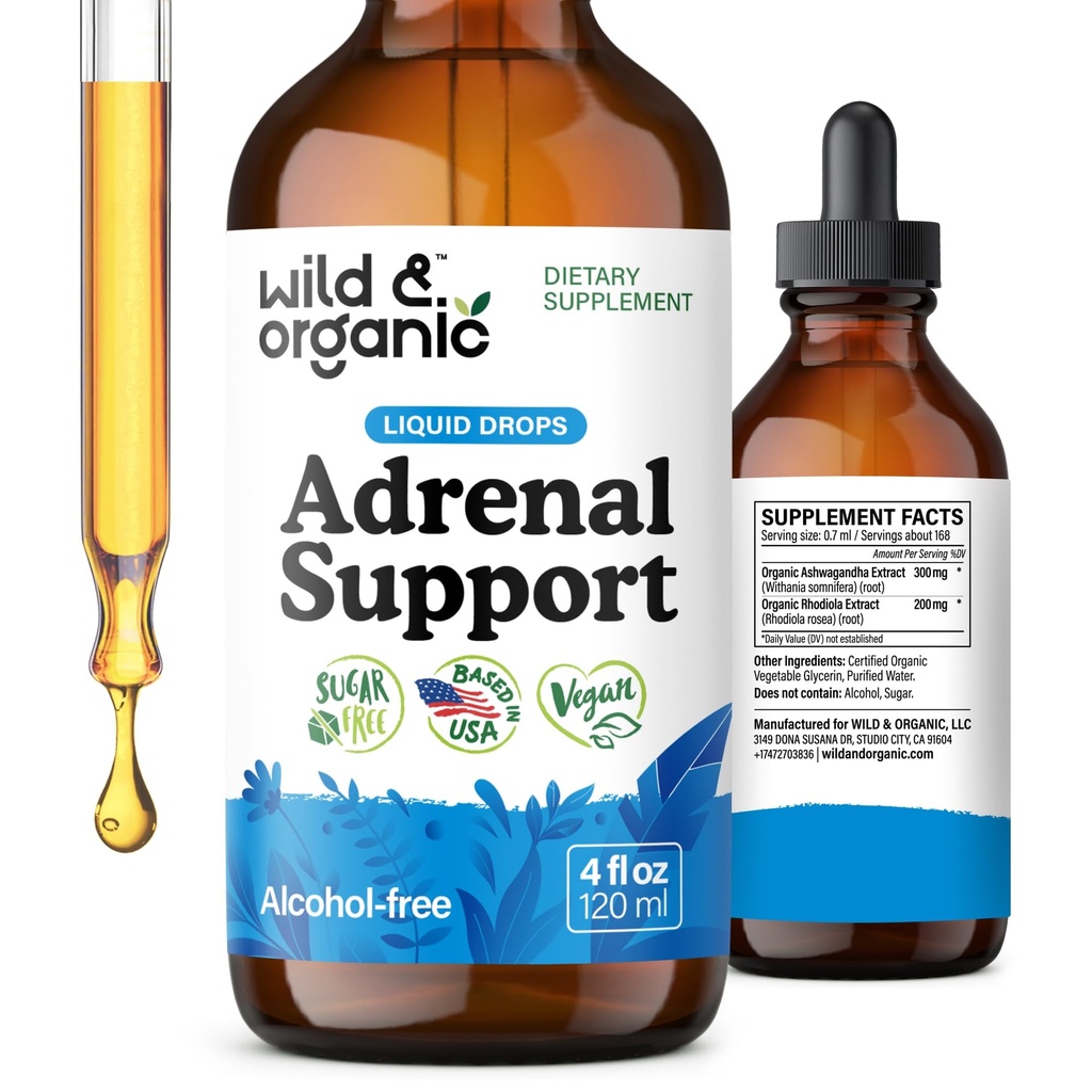 Wild & Organic Adrenal Support Drops for Positive Outlook - Natural Adrenal Support Support for Kvinder og Mænd - Vegan, Ingen Sukker & Alkohol - 2 - Måned Supply - 4 fl oz