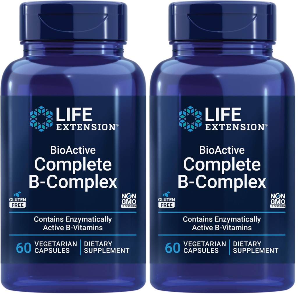 Life Extension Bioactive Complex B- Complex, Heart, Brain and Nerve Support, Sund energi, Metabolisme, Complete B Complex, 60 Vegetariske Kapsler (pakke med 2)