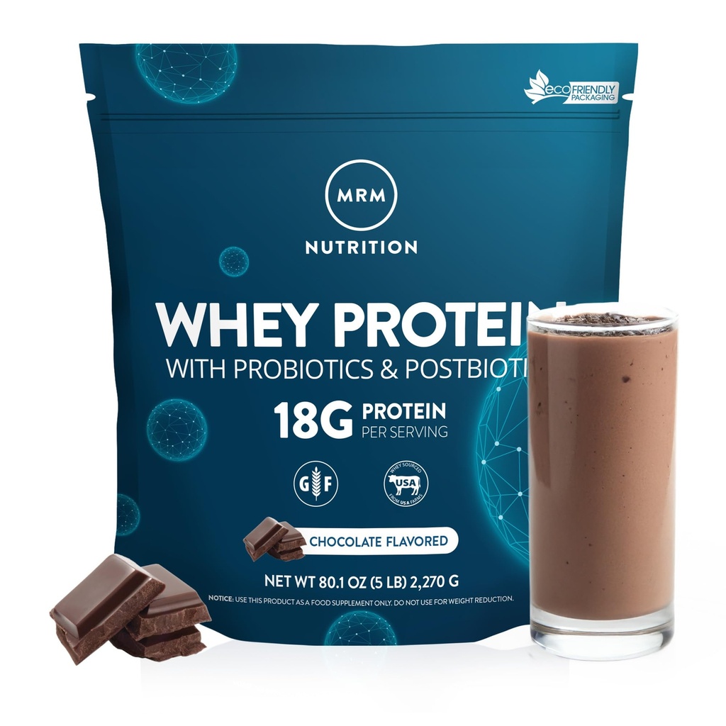 MRM Nutrition Whey Protein Measurement 124; Chocolate Flavored Measurement 124; 18g Protein Measurement 124; med 2 milliarder probiotika + fordøjelsesenzymer + BCAAs Measurement 124; High Absorption + fordøjelsesmiddel 124; Hormon + antibiotikum Free Measurement 124; 87 Servere