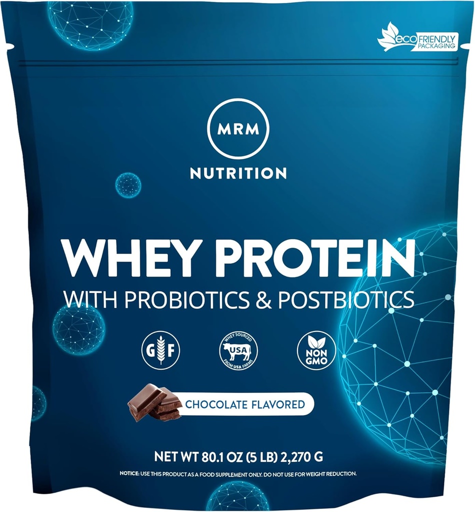 MRM Nutrition Whey Protein Measurement 124; Chocolate Flavored Measurement 124; 18g Protein Measurement 124; med 2 milliarder probiotika + fordøjelsesenzymer + BCAAs Measurement 124; High Absorption + fordøjelsesmiddel 124; Hormon + antibiotikum Free Measurement 124; 87 Servere