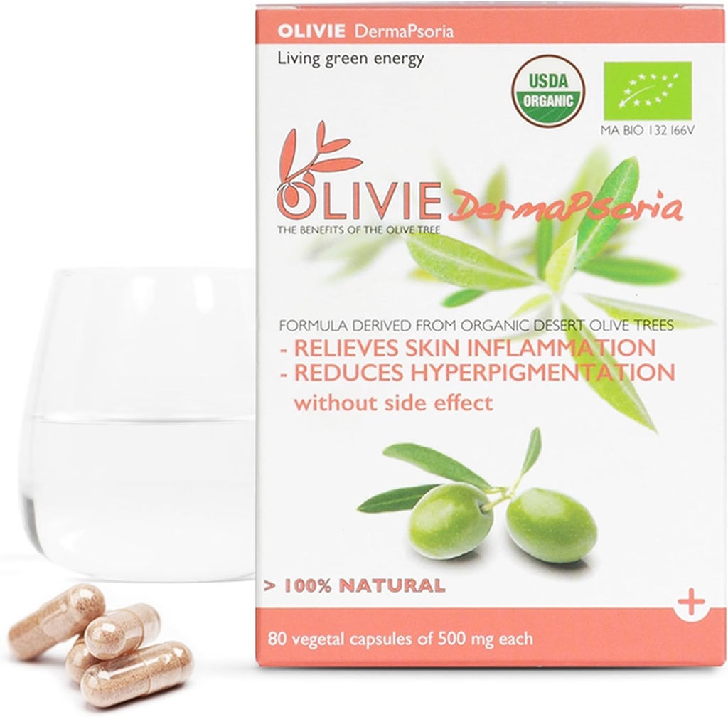 Organic Olive Leaf Extract Supplement for kvinder og mænd af OLIVIE Note 124; DermaPsoria Supplement for psoriasis, Eksem, Hyperpigmentering Note 124; Olivenoliekapsler